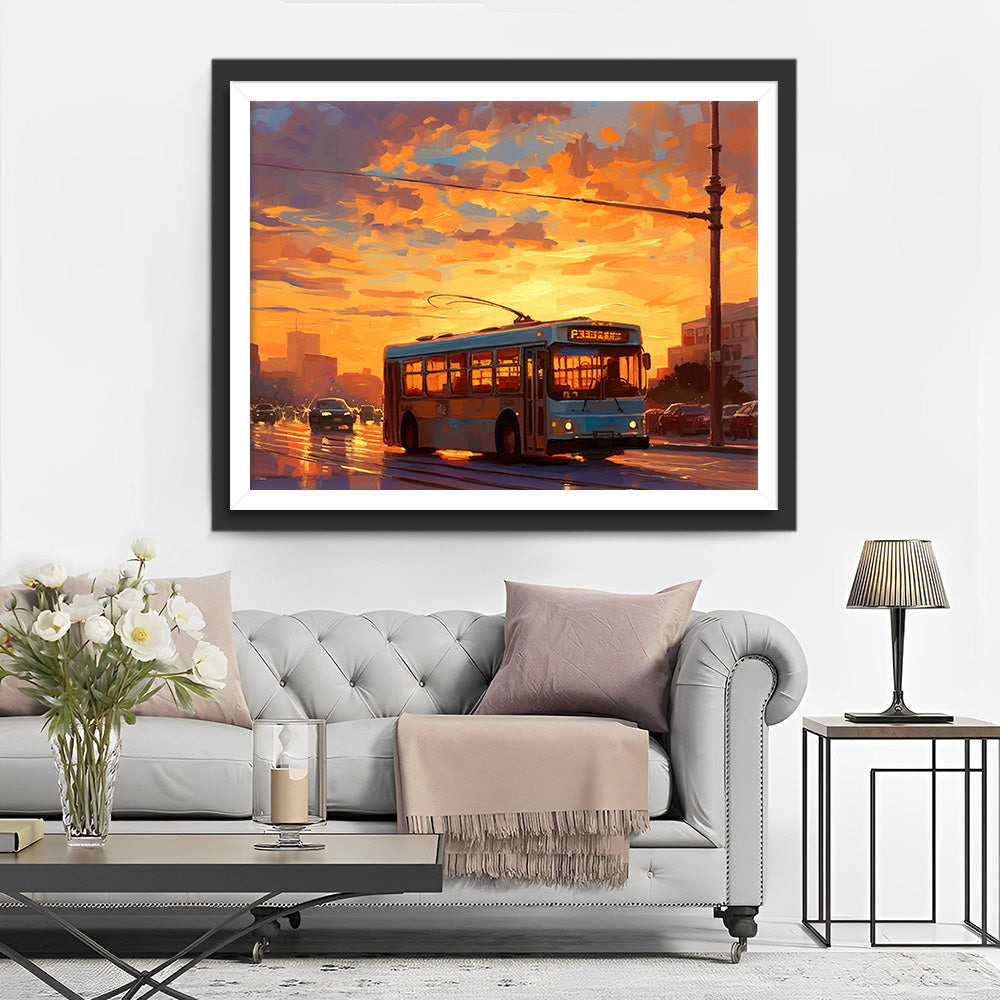 Stadtbus bei Sonnenuntergang Diamond Painting