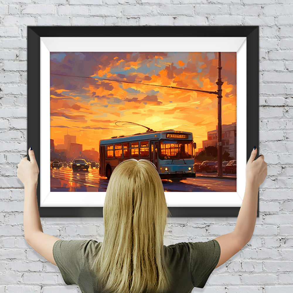 Stadtbus bei Sonnenuntergang Diamond Painting