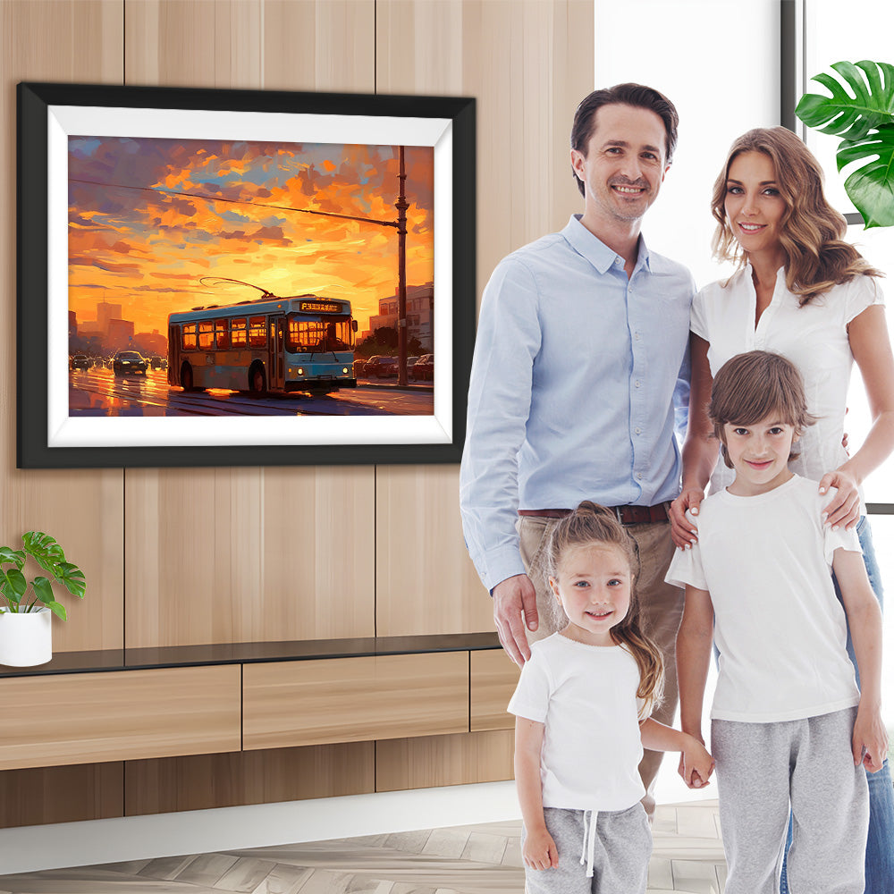 Stadtbus bei Sonnenuntergang Diamond Painting