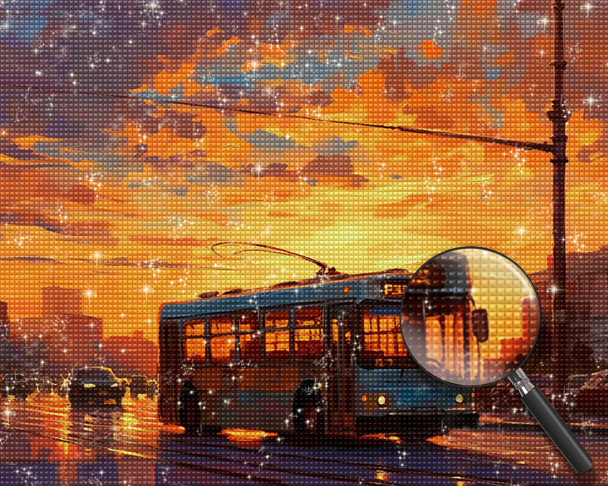 Stadtbus bei Sonnenuntergang Diamond Painting