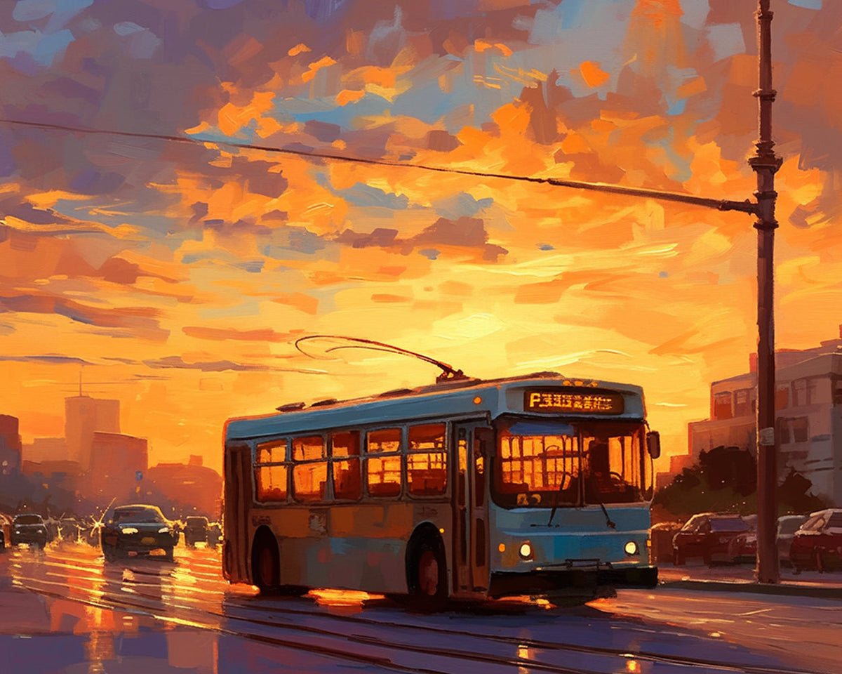 Stadtbus bei Sonnenuntergang Diamond Painting