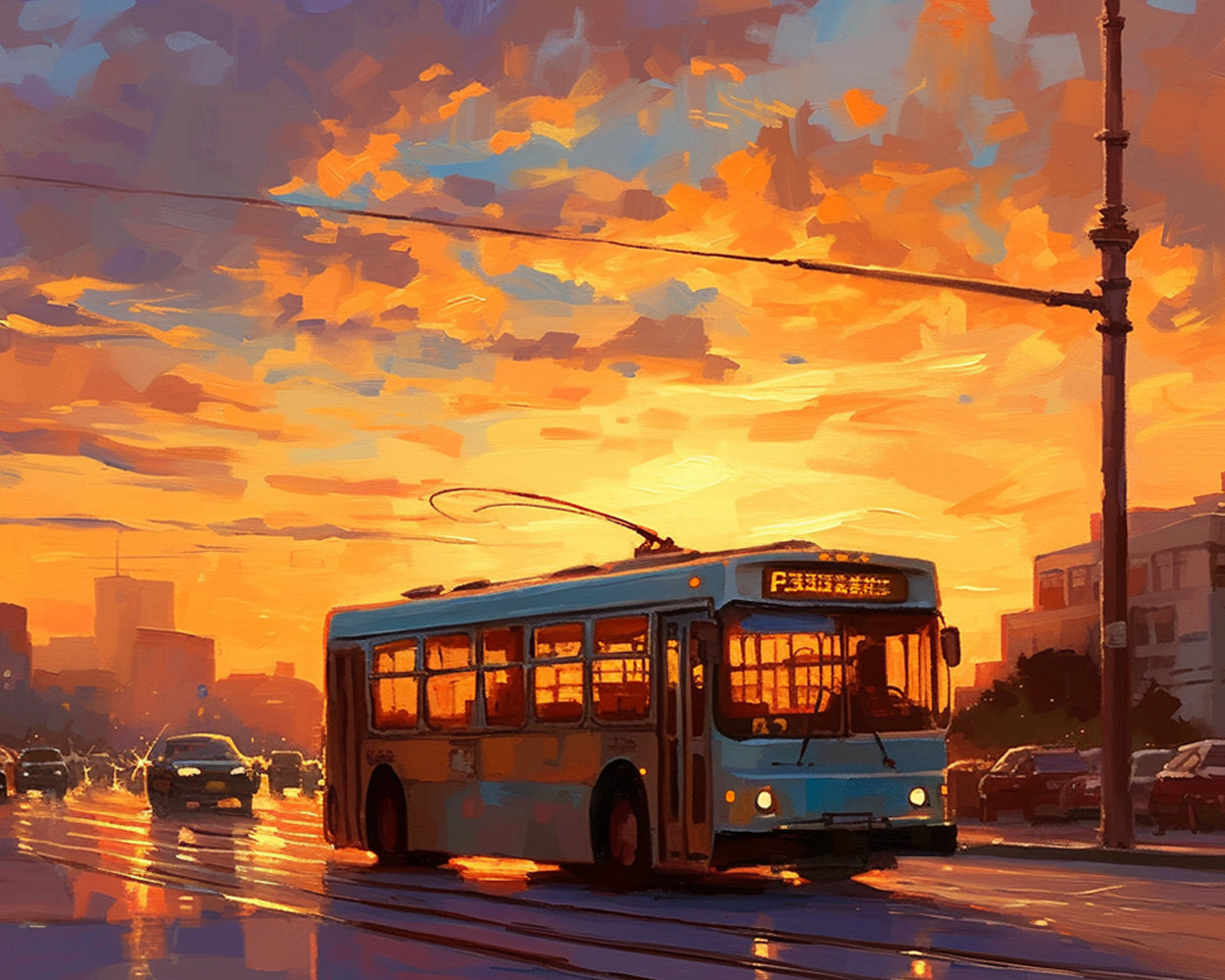Stadtbus bei Sonnenuntergang Diamond Painting