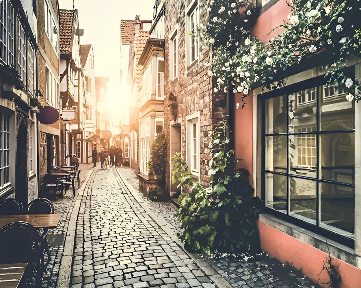 Stadtstraße bei Sonnenuntergang Diamond Painting