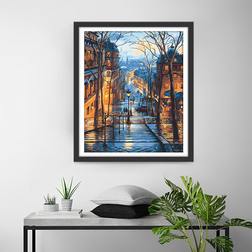 Städtische Gebäude und Straßenlaternen bei Nacht Diamond Painting