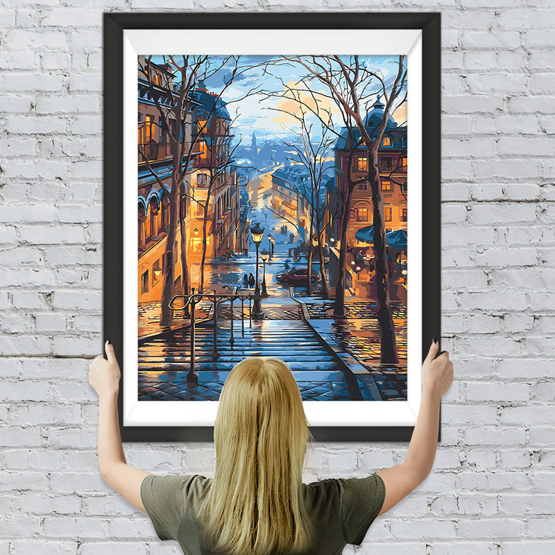 Städtische Gebäude und Straßenlaternen bei Nacht Diamond Painting