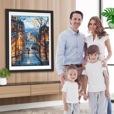 Städtische Gebäude und Straßenlaternen bei Nacht Diamond Painting