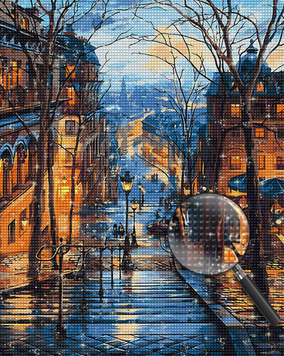 Städtische Gebäude und Straßenlaternen bei Nacht Diamond Painting