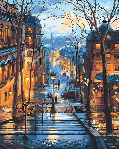 Städtische Gebäude und Straßenlaternen bei Nacht Diamond Painting
