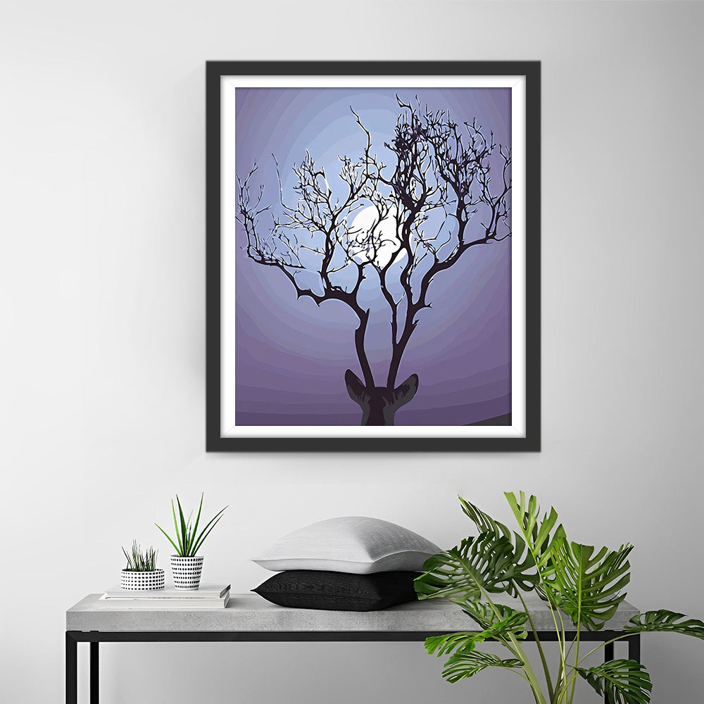 Staghornbaum und einsamer Mond Diamond Painting