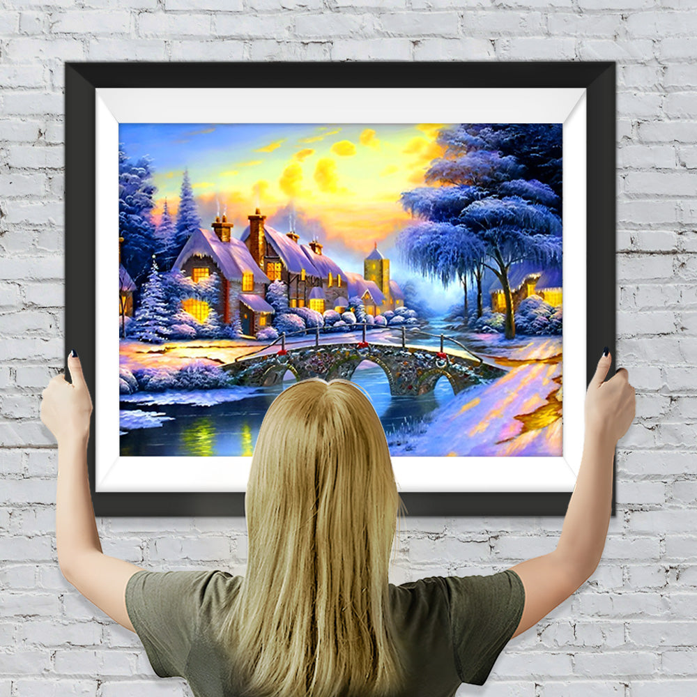 Steinbrücke und Hütte im Winter Diamond Painting