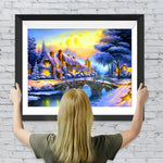 Steinbrücke und Hütte im Winter Diamond Painting