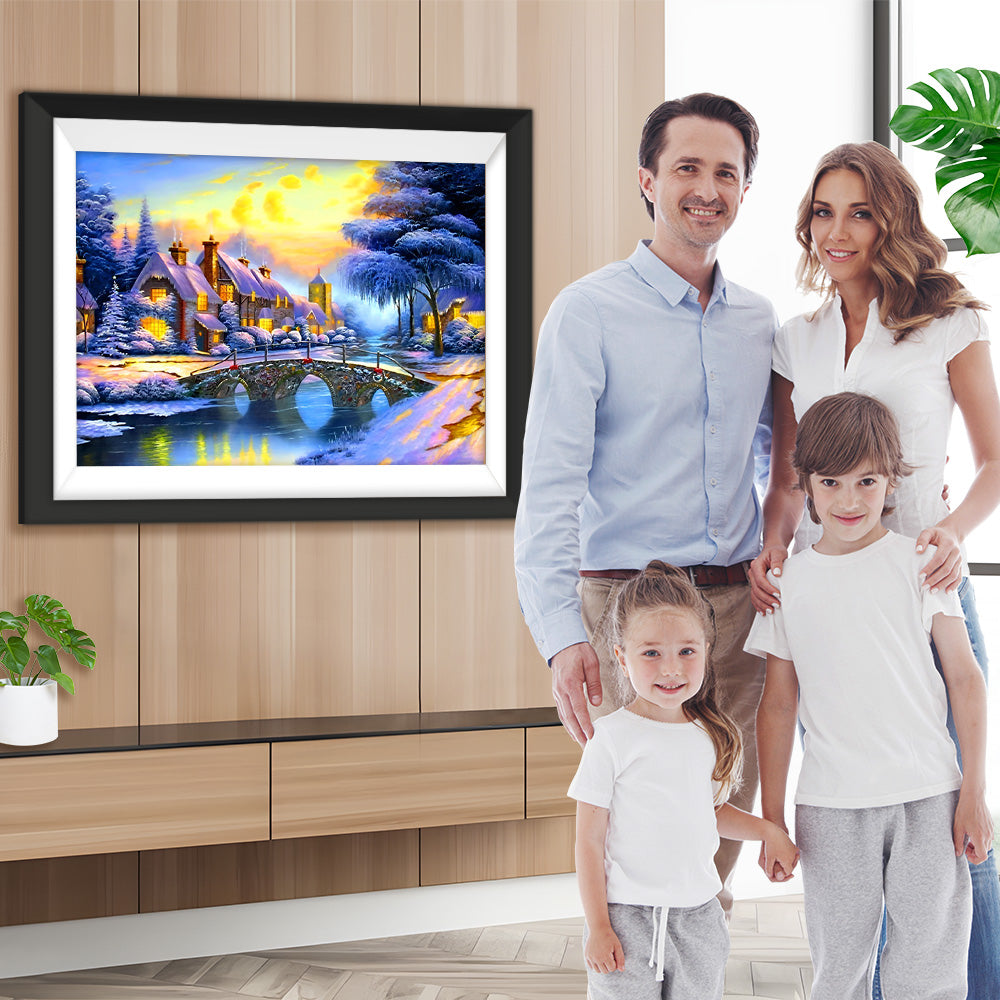 Steinbrücke und Hütte im Winter Diamond Painting