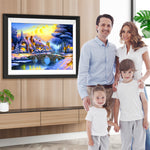 Steinbrücke und Hütte im Winter Diamond Painting