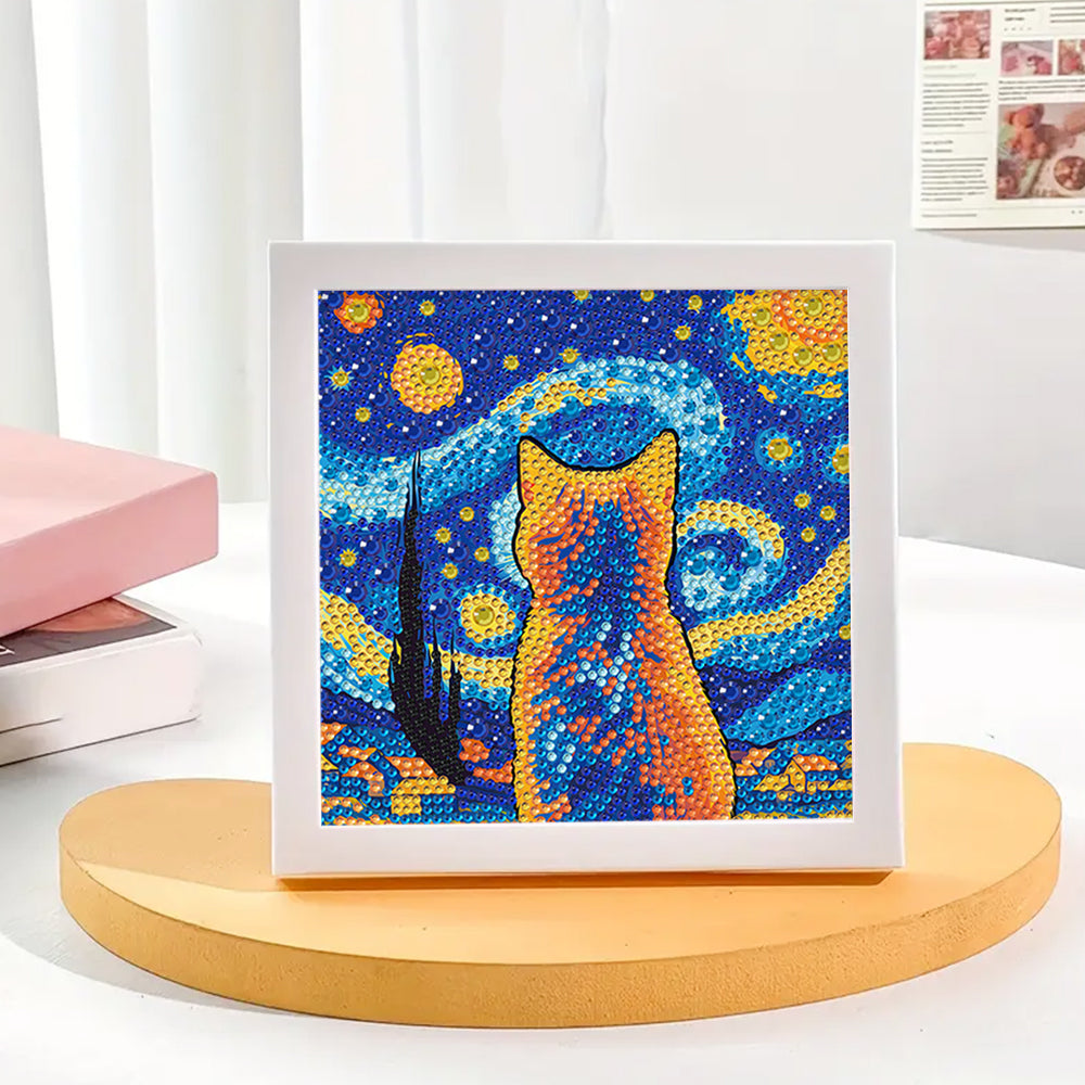 Sternennacht und orangefarbene Katze Mini-Kristallpünktchen Diamond Painting