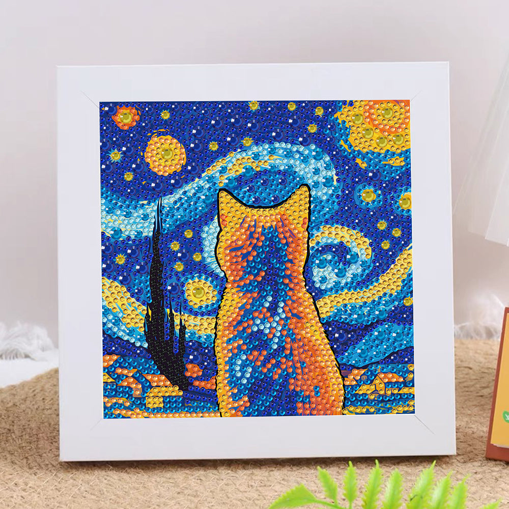 Sternennacht und orangefarbene Katze Mini-Kristallpünktchen Diamond Painting