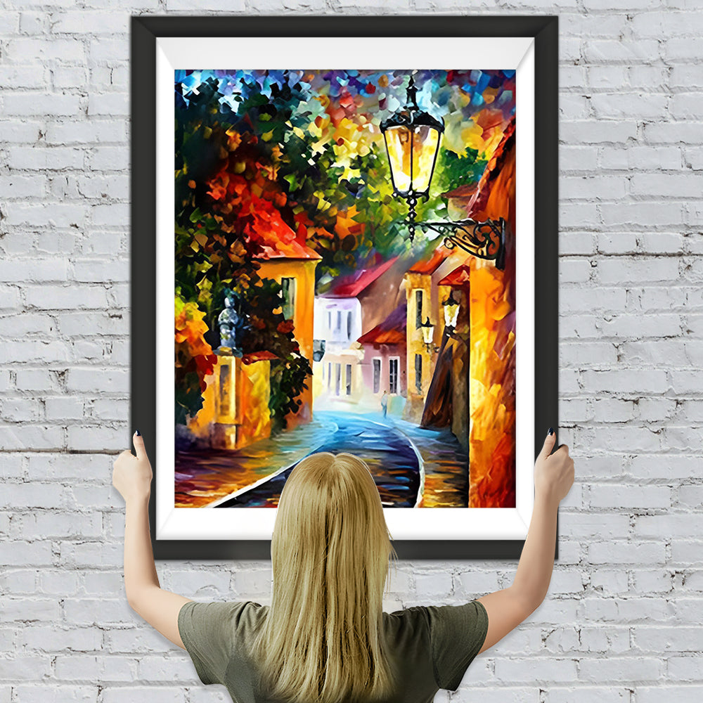 Straßenlaterne in einer kleinen Stadt Diamond Painting