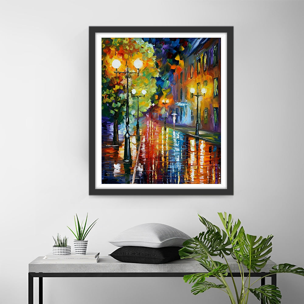 Straßenlaternen im nächtlichen Regen Diamond Painting