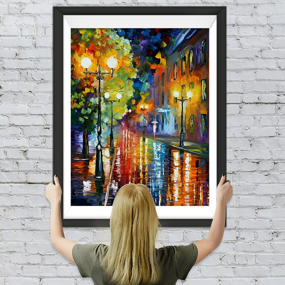 Straßenlaternen im nächtlichen Regen Diamond Painting