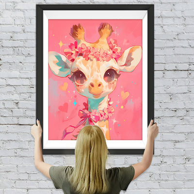 Süße Giraffe mit Rosa Blumen Diamond Painting