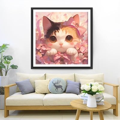 Süße Katze und Rosa Blumen Diamond Painting