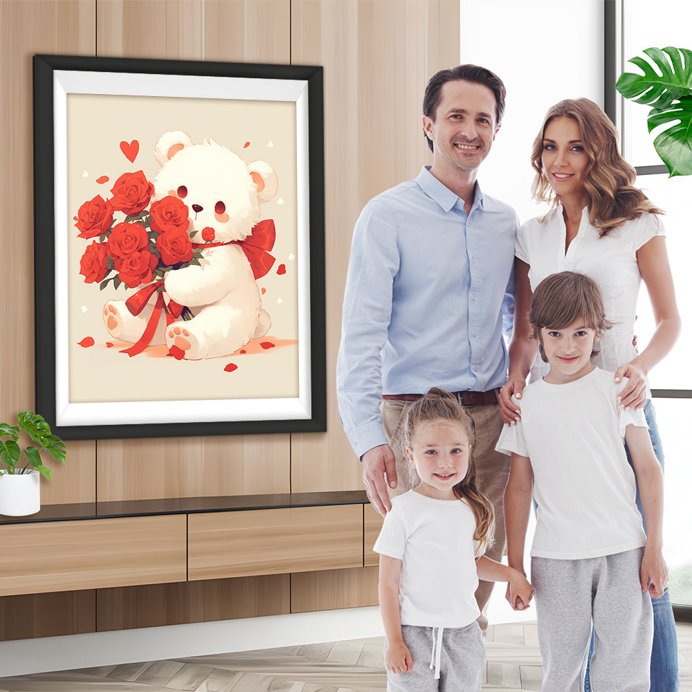 Süßer Cartoon Bär mit Roten Rosen Diamond Painting