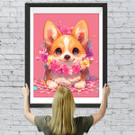 Süßer Corgi mit Blumen auf Rosa Hintergrund Diamond Painting