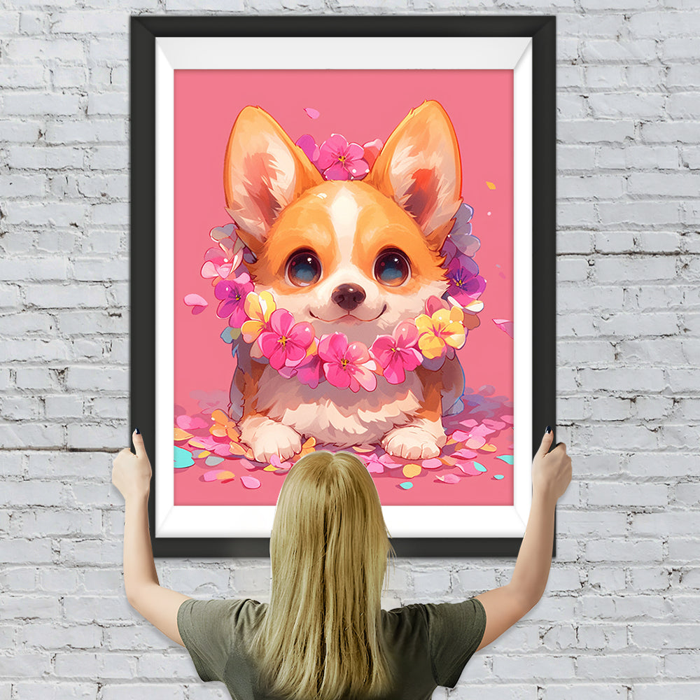 Süßer Corgi mit Blumen auf Rosa Hintergrund Diamond Painting
