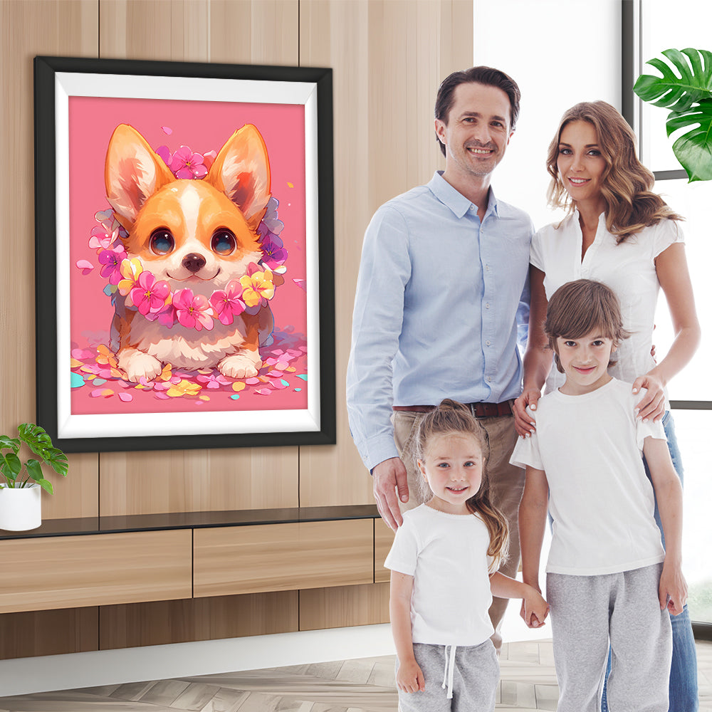 Süßer Corgi mit Blumen auf Rosa Hintergrund Diamond Painting