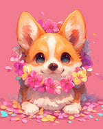 Süßer Corgi mit Blumen auf Rosa Hintergrund Diamond Painting
