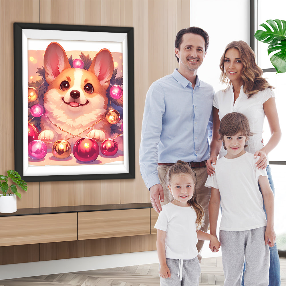 Süßer Corgi mit Weihnachtskugeln Diamond Painting