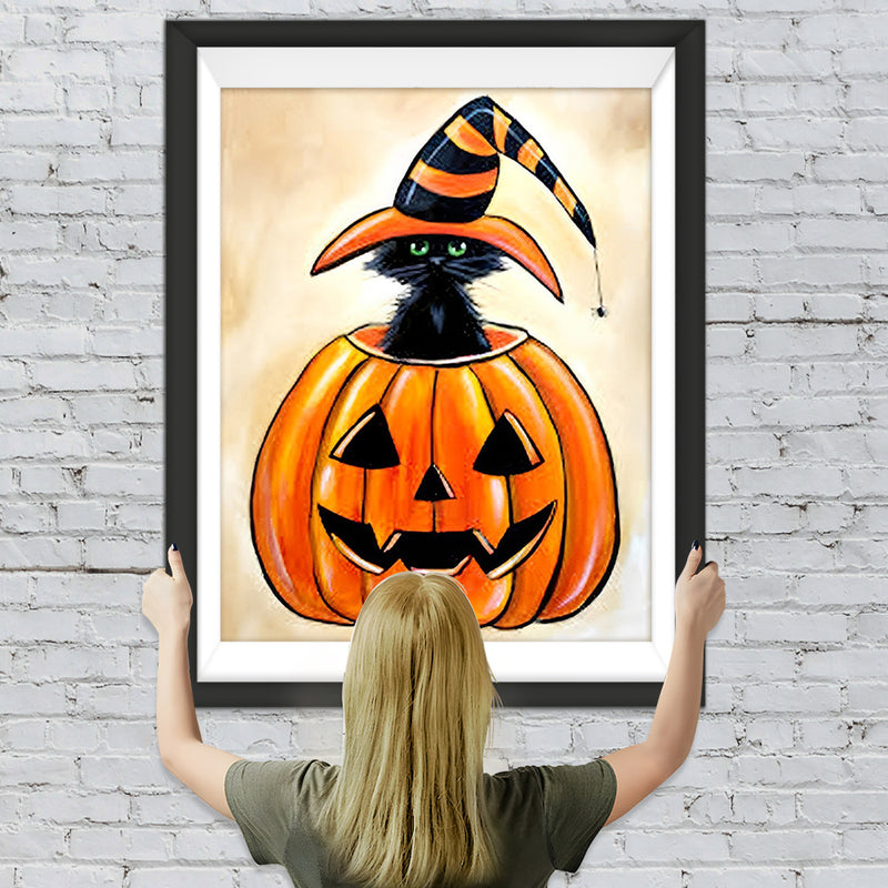 Süßer Halloween-Kürbis und Katze Diamond Painting