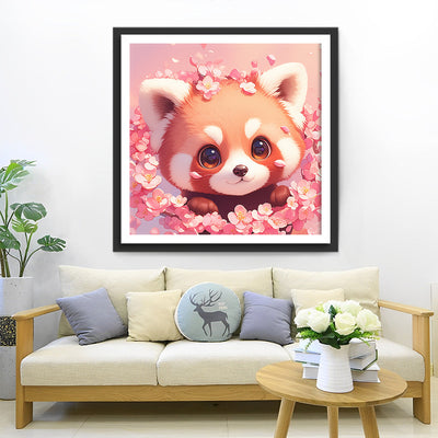 Süßer Roter Panda und Rosa Blumen Diamond Painting