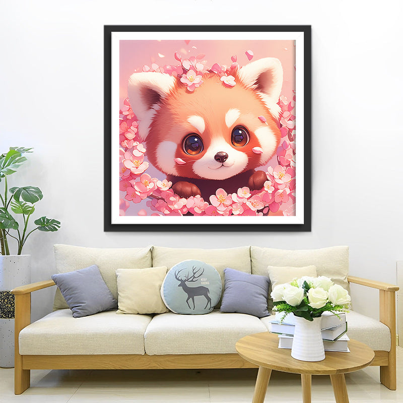 Süßer Roter Panda und Rosa Blumen Diamond Painting