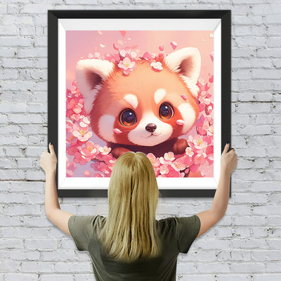 Süßer Roter Panda und Rosa Blumen Diamond Painting