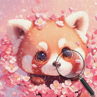 Süßer Roter Panda und Rosa Blumen Diamond Painting