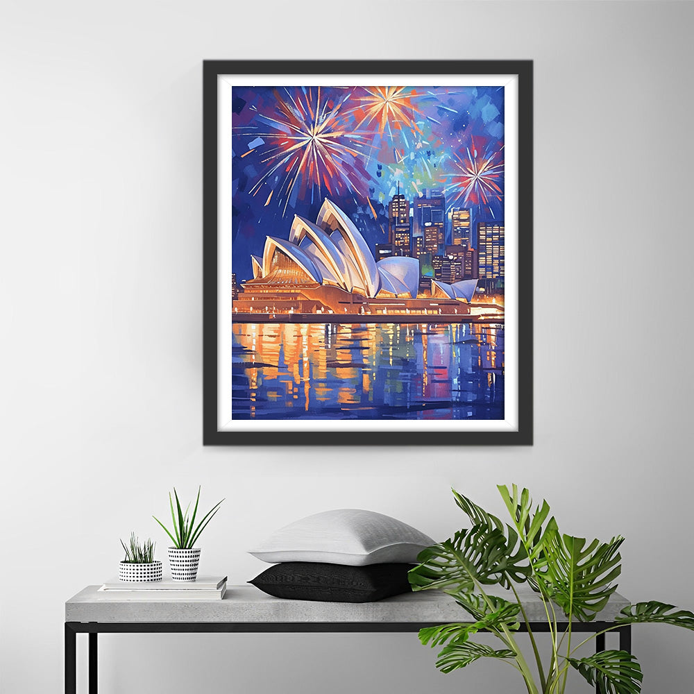 Sydney Opera House bei Nacht unter Feuerwerk Diamond Painting