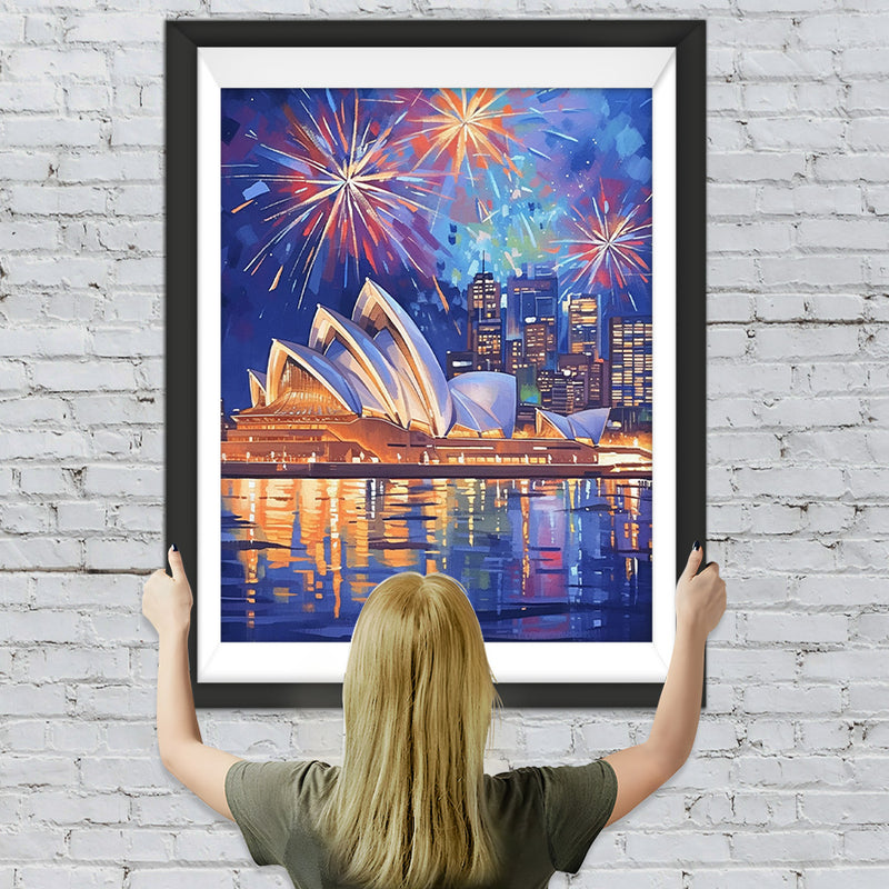 Sydney Opera House bei Nacht unter Feuerwerk Diamond Painting