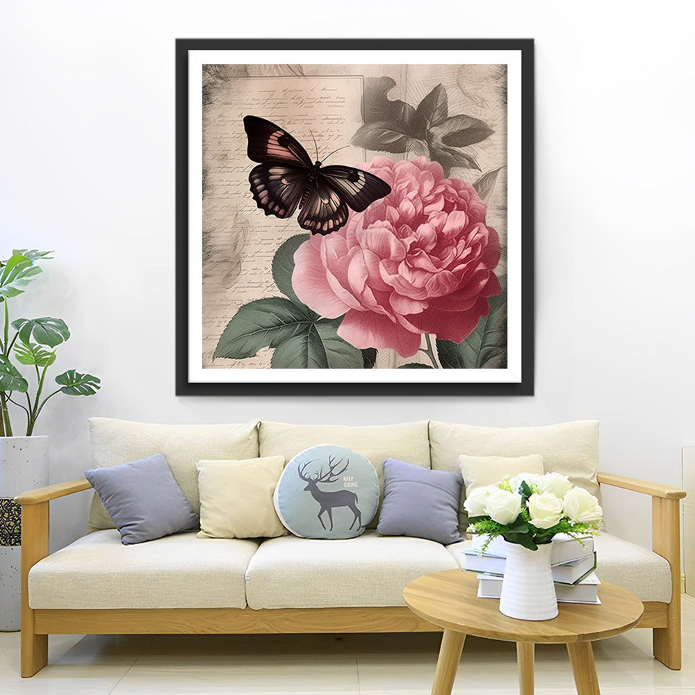 Tagebuch mit roter Pfingstrose und schwarzem Schmetterling Diamond Painting