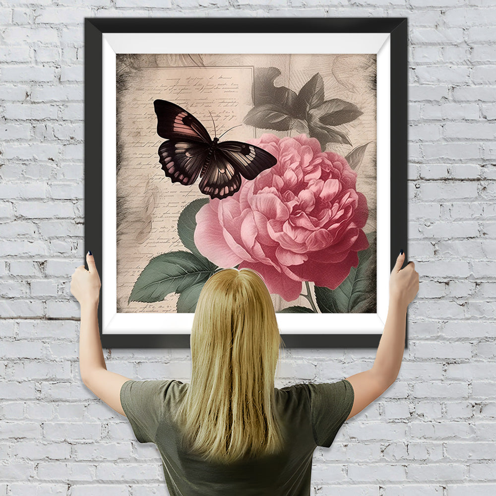 Tagebuch mit roter Pfingstrose und schwarzem Schmetterling Diamond Painting