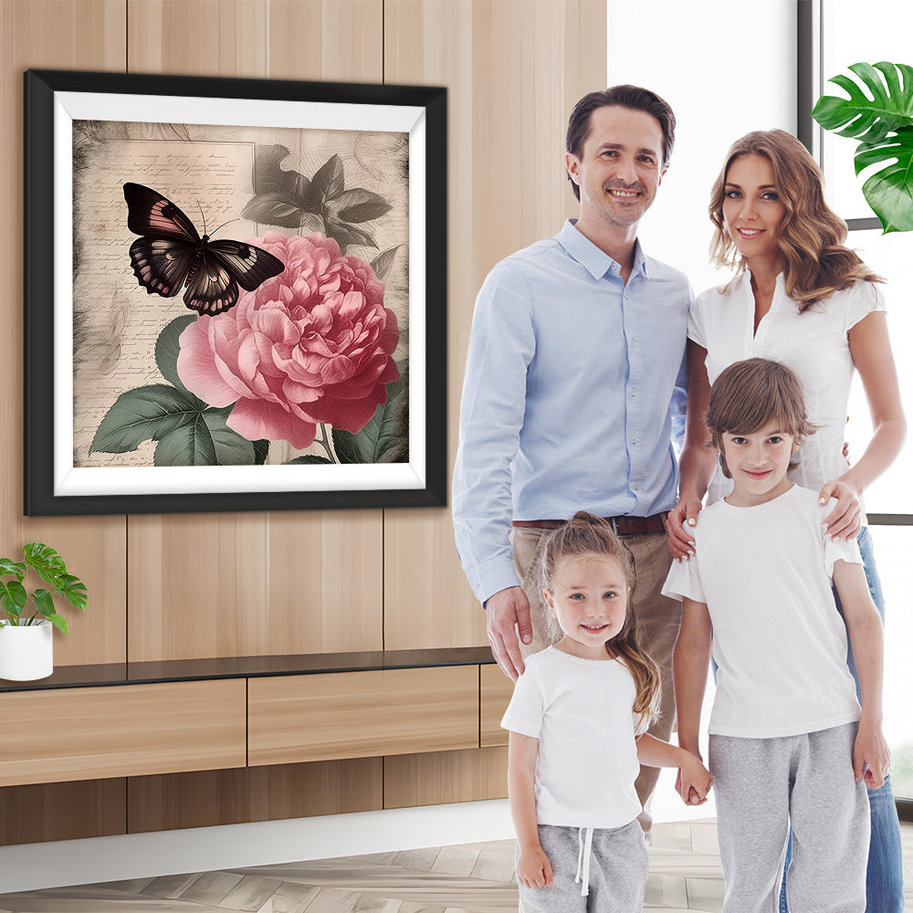 Tagebuch mit roter Pfingstrose und schwarzem Schmetterling Diamond Painting