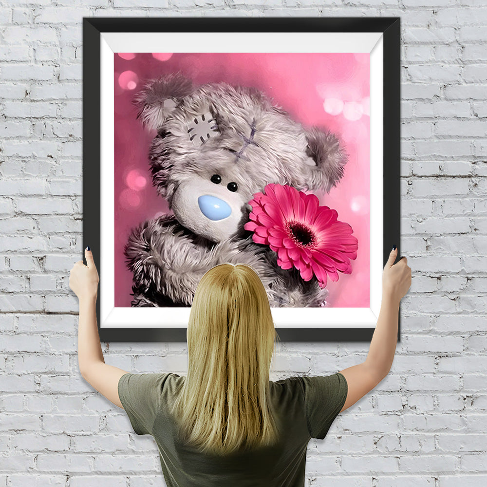 Teddybär mit roter Chrysantheme Diamond Painting