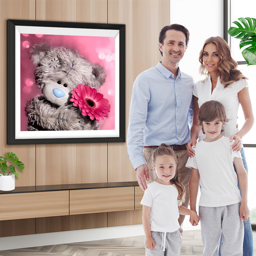 Teddybär mit roter Chrysantheme Diamond Painting