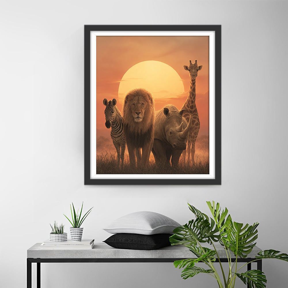 Tiere der afrikanischen Savanne bei Sonnenuntergang Diamond Painting