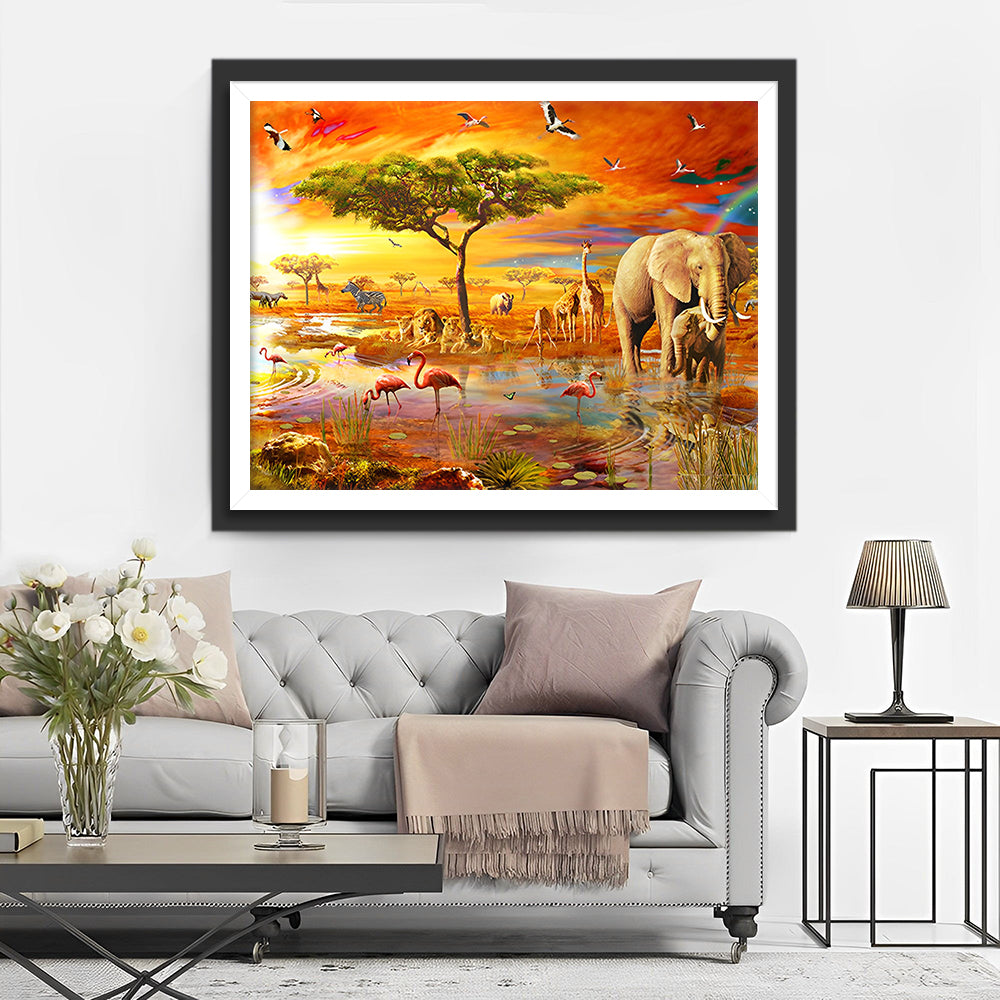 Tiere in der afrikanischen Savanne in der Abenddämmerung Diamond Painting