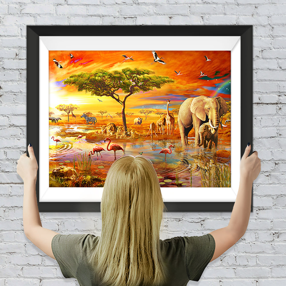 Tiere in der afrikanischen Savanne in der Abenddämmerung Diamond Painting