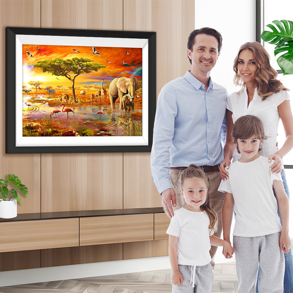 Tiere in der afrikanischen Savanne in der Abenddämmerung Diamond Painting