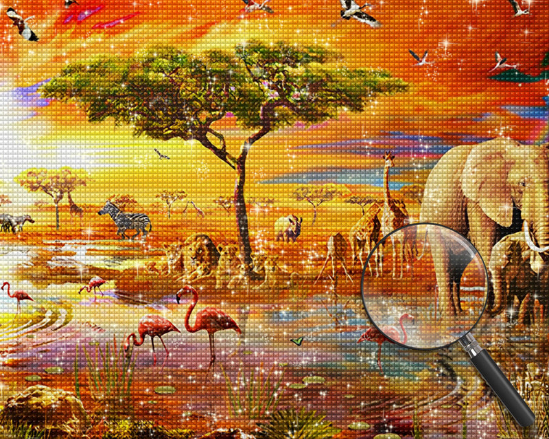 Tiere in der afrikanischen Savanne in der Abenddämmerung Diamond Painting