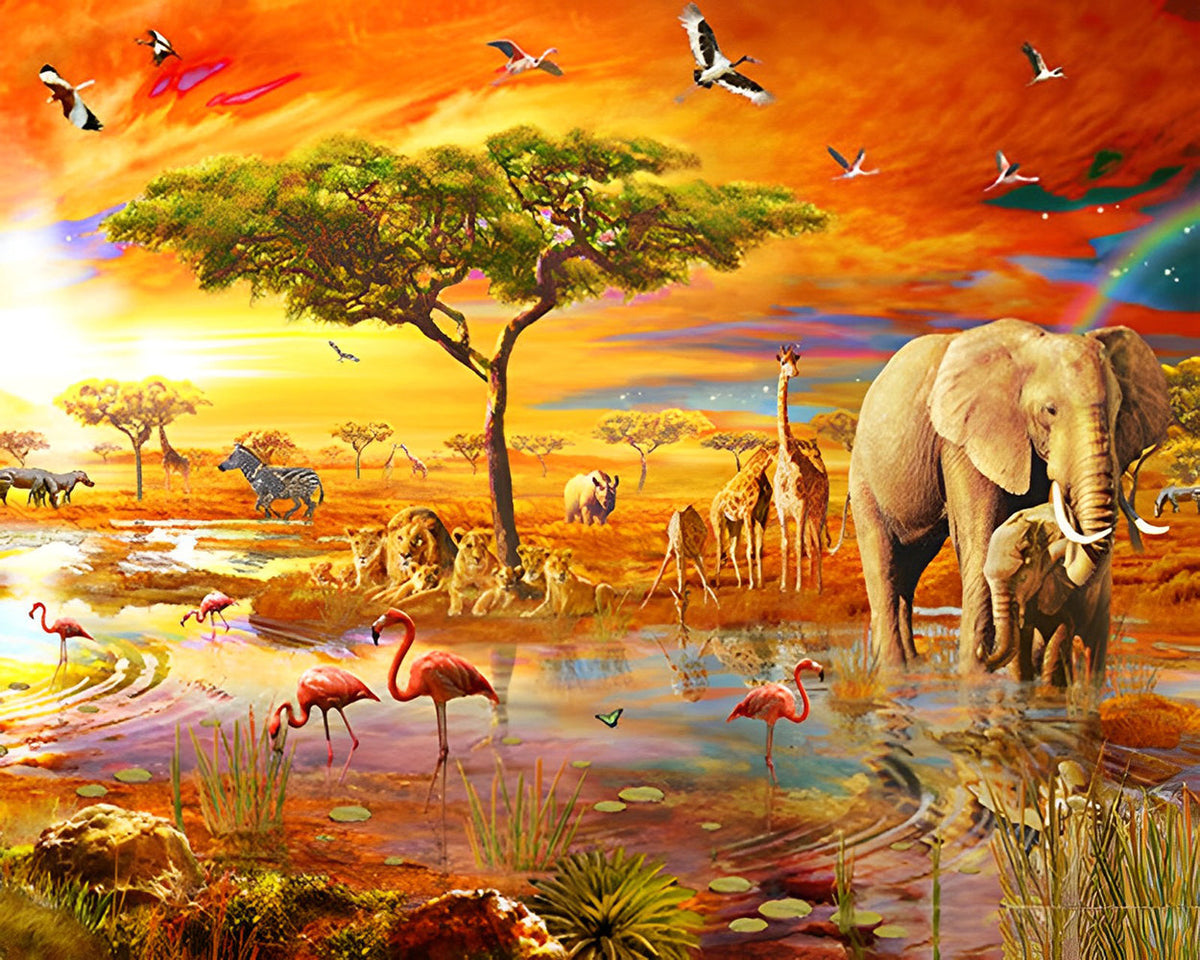 Tiere in der afrikanischen Savanne in der Abenddämmerung Diamond Painting