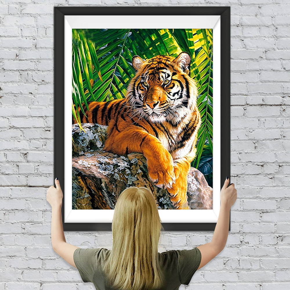Tiger Felsen Blätter Diamond Painting