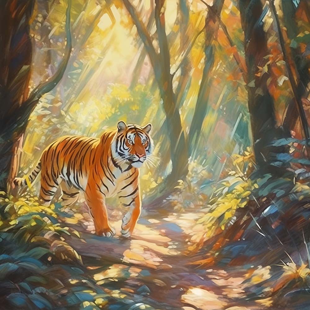 Tiger im Wald unter der Sonne Diamond Painting